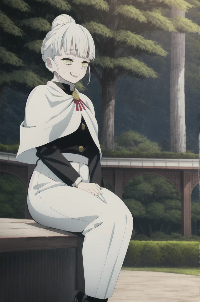 kimetsu no yaiba style, 1girl, white hair in a bun, demon slayer uniform, solo, yellow eyes,holding a katana ,white hair, all black cape, all black haori, outdoors, bangs, tree,, anime coloring, ((masterpiece)) , day background , beautiful girl, cute, solo , laughing face , ((high quality)) , sitting on the ground