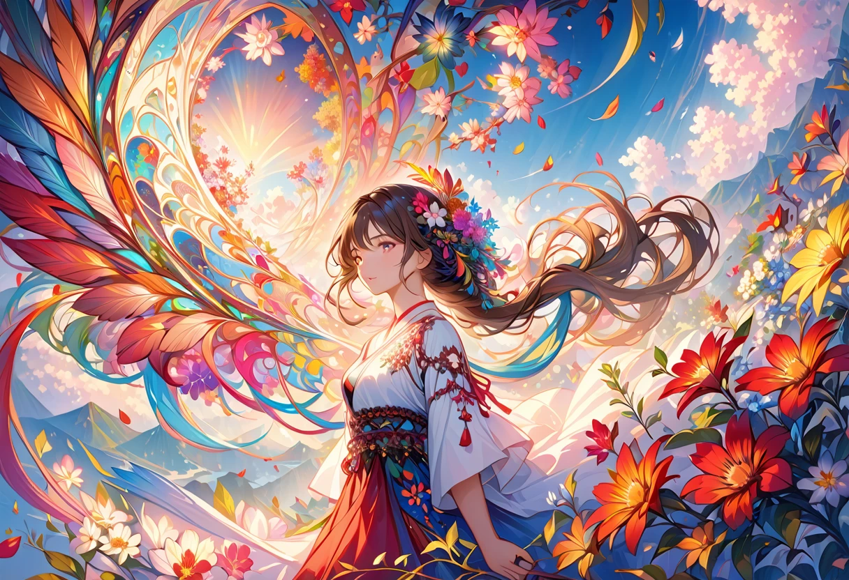 masterpiece,Highest quality,Highest quality,Official Art,beautifully、aesthetic,(One girl:1.2),Very detailed,(Fractal Art:1.1),colorful,Flowers,Most detailed,Tangled,Abstract background,Glowing Skin,Many colors,feather,