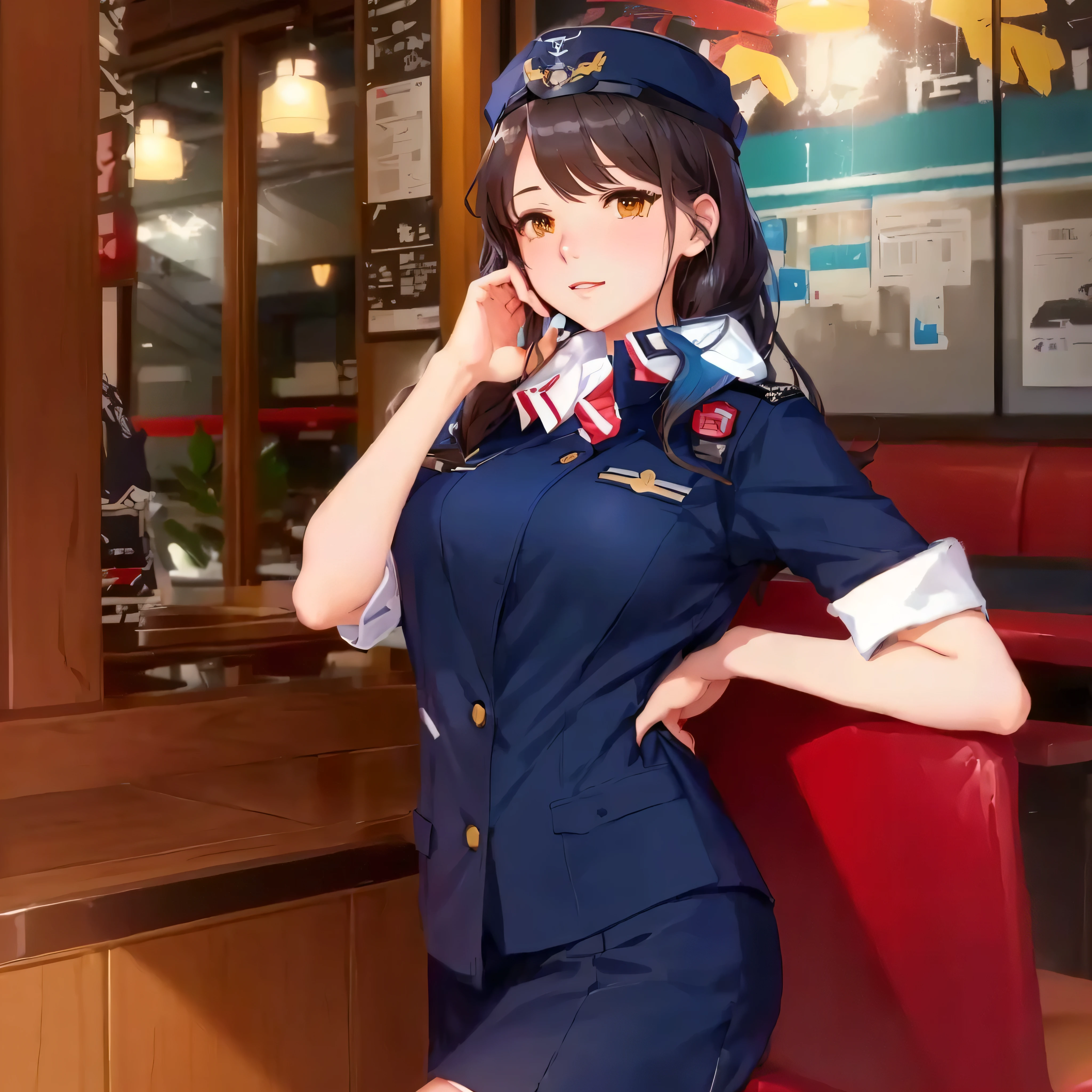 Anime girl in uniform talking on cell phone in restaurant, Wearing the RR Diner uniform, Kantai Collection Style, cute Pilot Girl, I also make fan art, Pilot Girl, JK Uniform, Girl in uniform, everyone, Azur Lane Style, Makoto Shinkai and Artgelm, From the Azur Lane video game, sakimichan, Smooth anime CG art