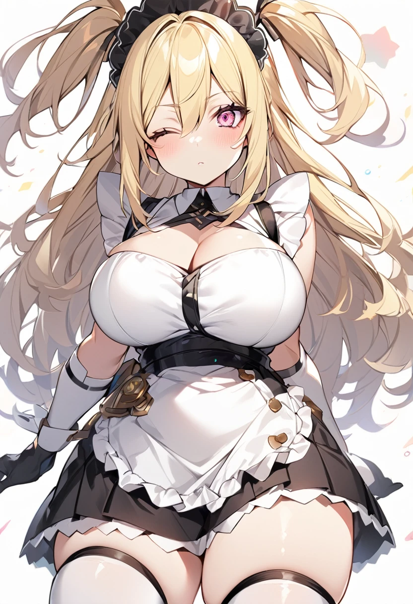 (One girl)、medium length hair、(sidelock)、((Blonde))、(slan eyes)、（boyish）、cute、(Big super breasts)、((Chubby))、Maid、No sleeve、mini skirt、White sleeveless、thigh-high socks thighhighs、(long gloves)、hairs between eyes、(coarse hair)、[flipped hair]、pink eye、expressionless、one eye closed、arm behind back、two side up、White Background、