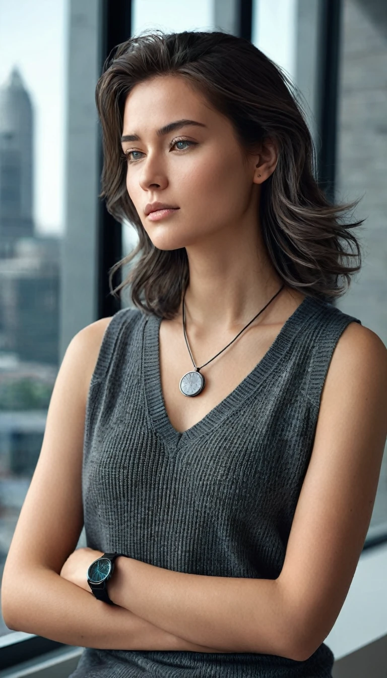 realistic photography, 3d, detailed.  beautiful young woman, fresh clean face, sitting against the background of modern architecture.   Her shoulder-length hair is bright black and neatly flowing.  wearing a gray sleeveless top with knit v-neck detail.  wearing a simple necklace with an "H" pendant and a metal watch on his left wrist.  The position of his left hand is holding his hair near his ear, giving the impression of a natural and relaxed style with a calm expression and eyes that look far away as if he is contemplating.  The backdrop features natural lighting coming in from large windows, creating shadows and soft light on the walls and ceiling.  124k, Hyper realistic, HD.