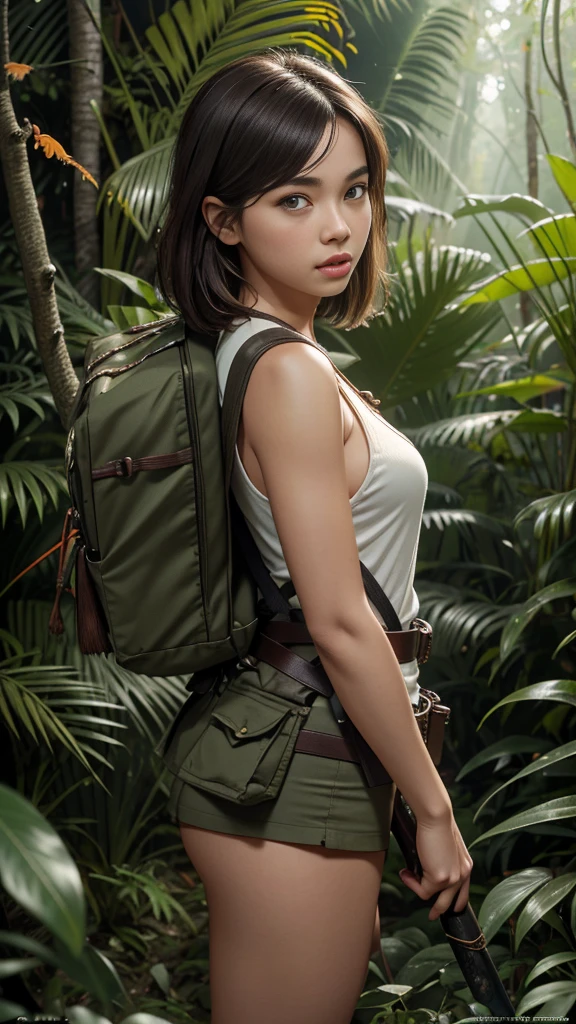 RAW, Best quality, high resolution, masterpiece: 1.3), best quality, high resolution, Masterpiece: 1.3, Beautiful  Malay girl, short chingnon hair, Soft smile, Realistic, 1 girl, charming eyes, glowing eyes,parted lips, full-body, hunter of mysterious creatures, observing the creature, in ambush, studying the creature found, with a large rucksack, in explorer attire, holding a machete, many pockets, many belts, everything is hung with gadgets, catches small mysterious creatures, hunts small creatures, mysterious forest, beautiful forest, nature surrounded by flora,  tender leaves and branches surrounded by fireflies (natural elements), (jungle theme), (leaves), (branches), (fireflies), (particle effects), (ray of light), etc.3D Octane rendering, ray tracing, super-detailed viewer, closeup