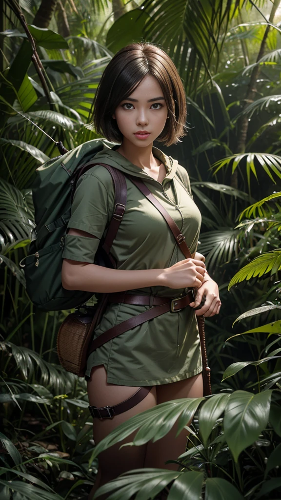 RAW, Best quality, high resolution, masterpiece: 1.3), best quality, high resolution, Masterpiece: 1.3, Beautiful  Malay girl, short chingnon hair, Soft smile, Realistic, 1 girl, charming eyes, glowing eyes,parted lips, full-body, hunter of mysterious creatures, observing the creature, in ambush, studying the creature found, with a large rucksack, in explorer attire, holding a machete, many pockets, many belts, everything is hung with gadgets, catches small mysterious creatures, hunts small creatures, mysterious forest, beautiful forest, nature surrounded by flora,  tender leaves and branches surrounded by fireflies (natural elements), (jungle theme), (leaves), (branches), (fireflies), (particle effects), (ray of light), etc.3D Octane rendering, ray tracing, super-detailed viewer, closeup