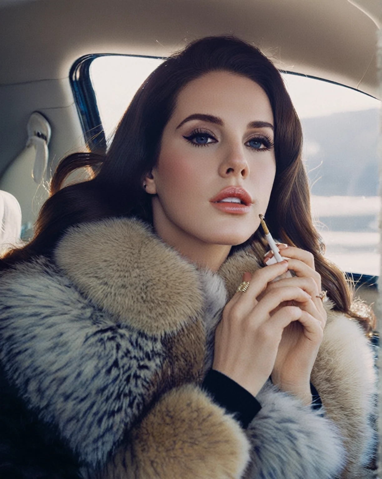 Lana del rey in a fur coat with the window open, with cigarette, King&#39;s wool, holding a cigar, holding a cigar, while Smoking a cigar, Smoking a cigar grande, Smoking a cigarrette🚬, taking a smoke break, Smoking a cigar, Smoking a cigar espeso, a portrait of King&#39;s wool, smoke cigarette, ekaterina