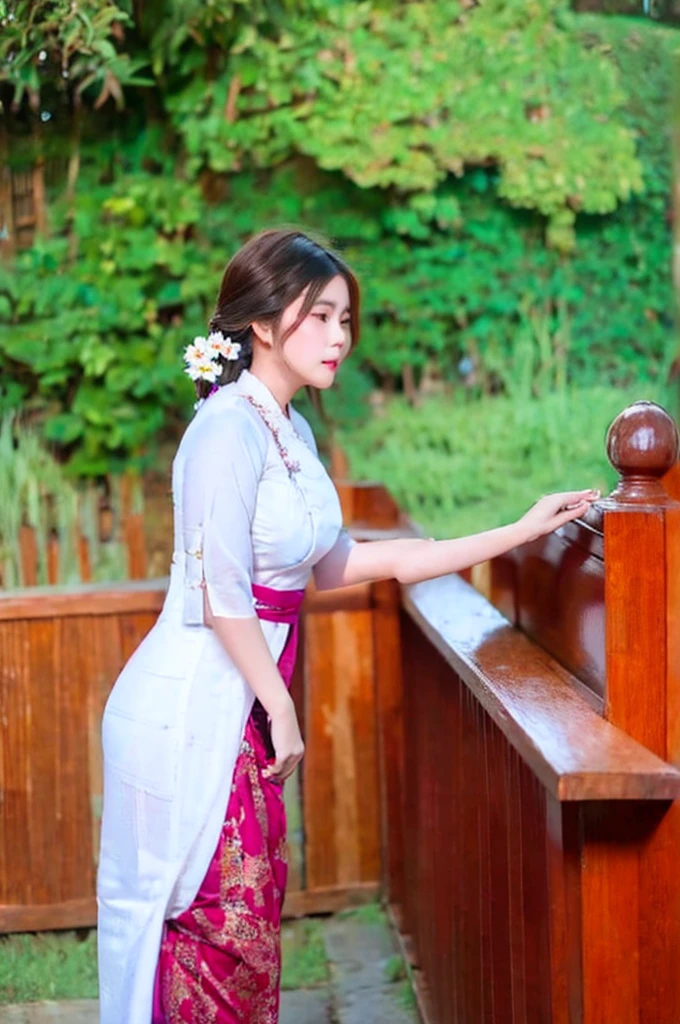 Front view of a Asian woman paying respect, wearing Burmese Traditional dress, white blouse dress and brown longyi