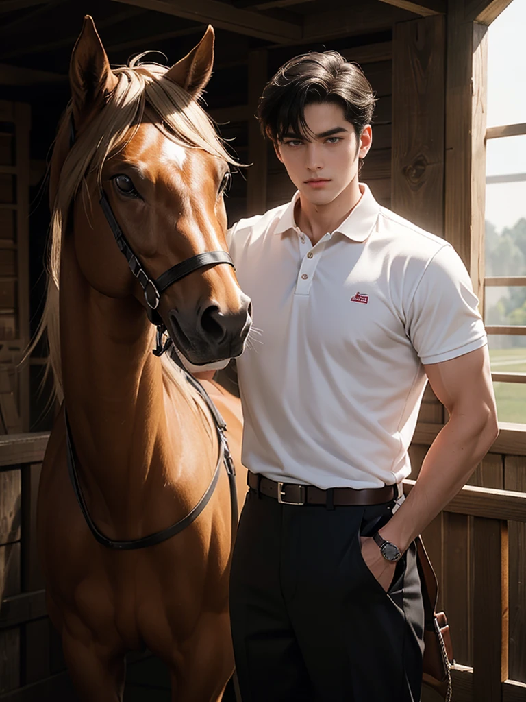 portrait headshot of a A tall handsome 27 year old man in a red and white long sleve polo shirt and white ridding pants and knee length black boots. Holding a black horse by the harness with his left hand. He has black hair with long shaggy hair, brown eyes and light tan skin. He is muscular, athletic, and strong. In the background is a stable is a building in which livestock, especially horses, are kept.