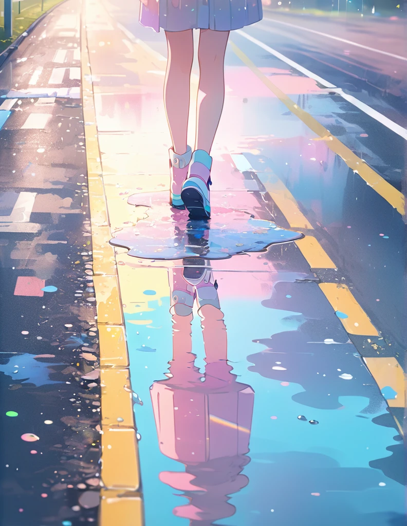 (Anime Style:1.4),A soft touch to painting、超High resolution, Attention to detail, high quality, High resolution, 最high quality, 4K, 8k,Road after the rain、Puddle and girl、Pastel color effect