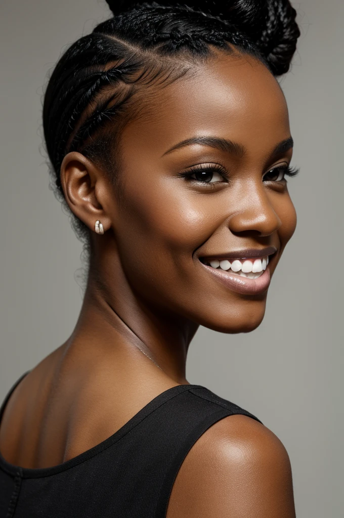 Black woman hair in a bun braces on teeth 