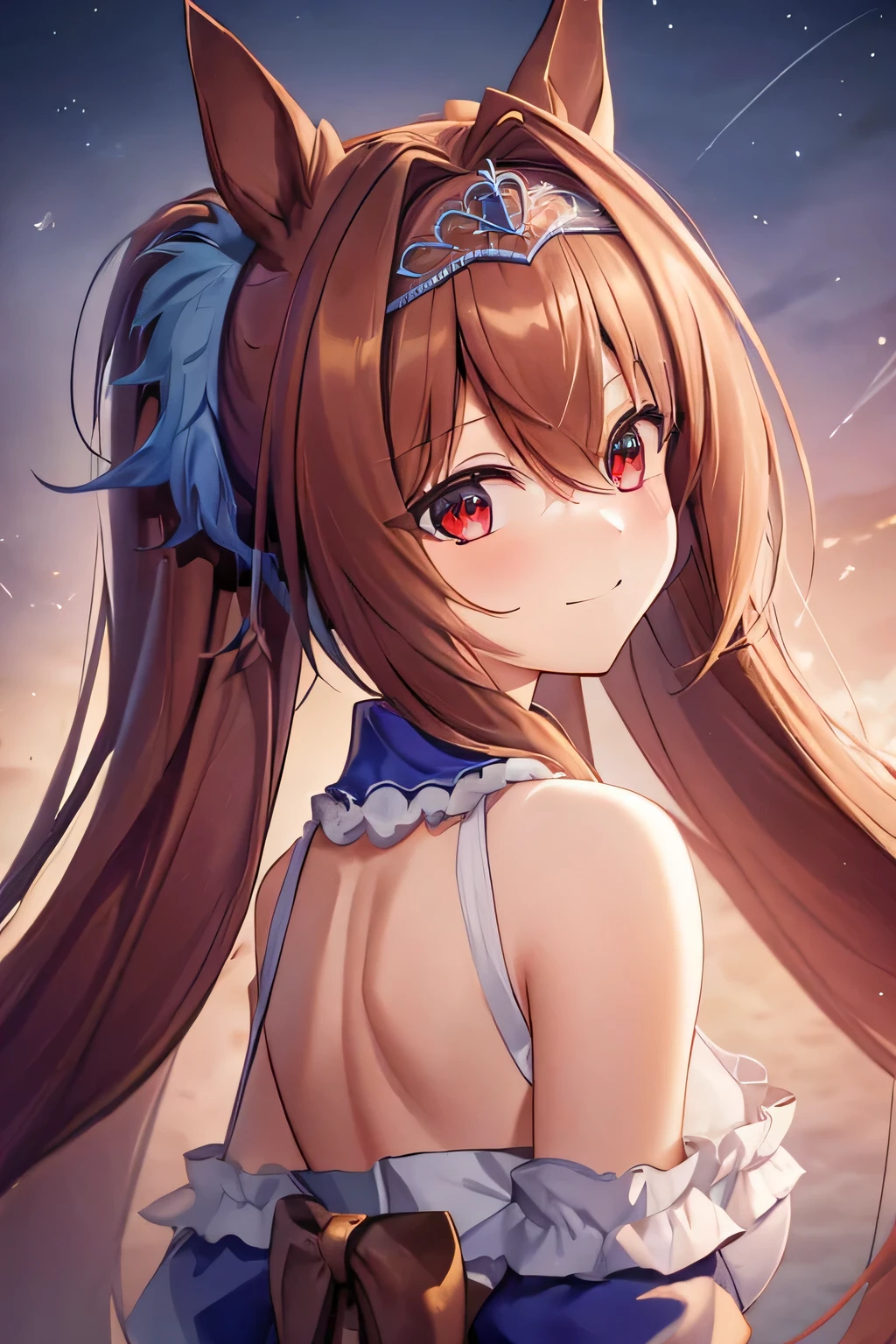 (((masterpiece, best quality, highres, UHD, perfect pixel, depth of field, 4k, RTX, HDR))), 1girl, smile, (looking back:1.2), very huge breasts, brown hair, long hair, twintails, (red eyes:1), back of body, starry sky, looking at viewer, portrait, upper body, {{Extremely delicate and beautiful}}, the Extremely Detailed CG Unity 8K Wallpapers,