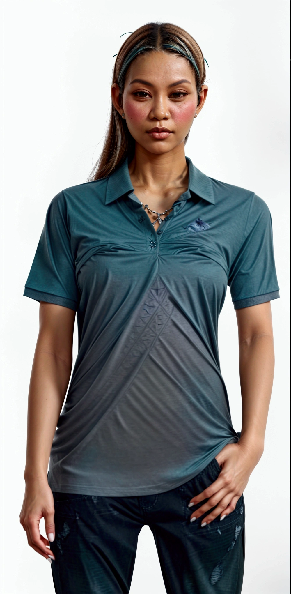 a woman in a gris shirt polo and jeans posing for a picture, collar shirt, gris shirt polo, vestindu camisa polo, in a dark teal polo shirt, in metallic gray, ( ( ( ( Kauai ) ) ) ), metallic gray, du, manga curta, gris, gray dark, in a dark green polo shirt, steel gris body, solid gris