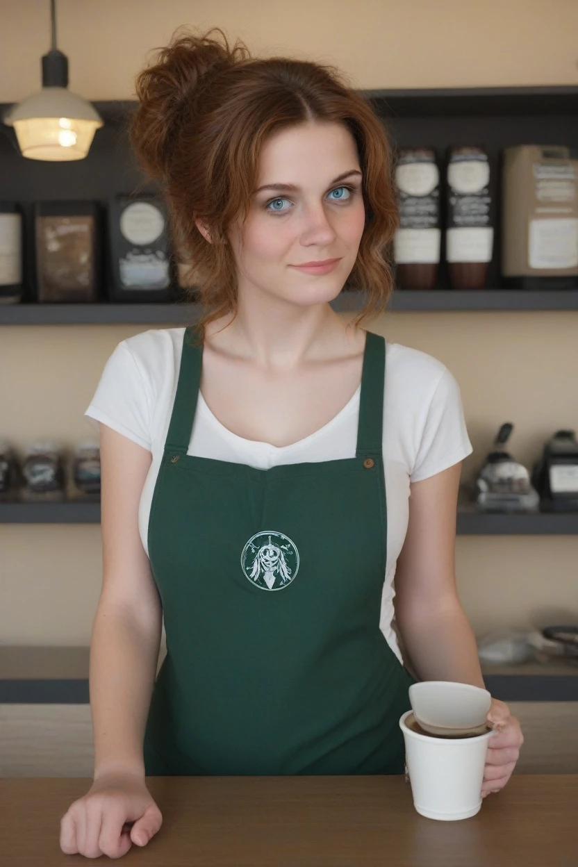 3/4 body photo of a beautiful woman flirting with a seductive look.. leaning on the coffee bar, messy bun hair, in a coffee shop