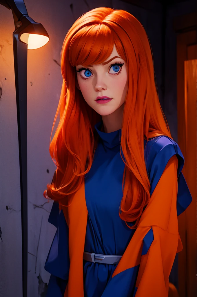 daphneblake, scared look, holding flashlight, walking through dark house, perfect face,  orange hair, 