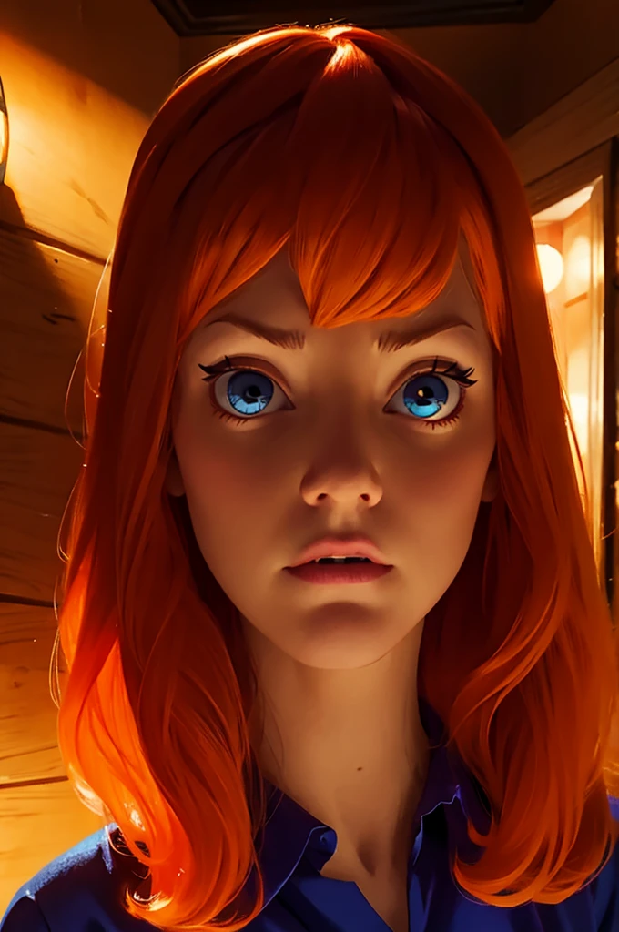 daphneblake, scared look, holding flashlight, walking through dark house, perfect face,  orange hair, 