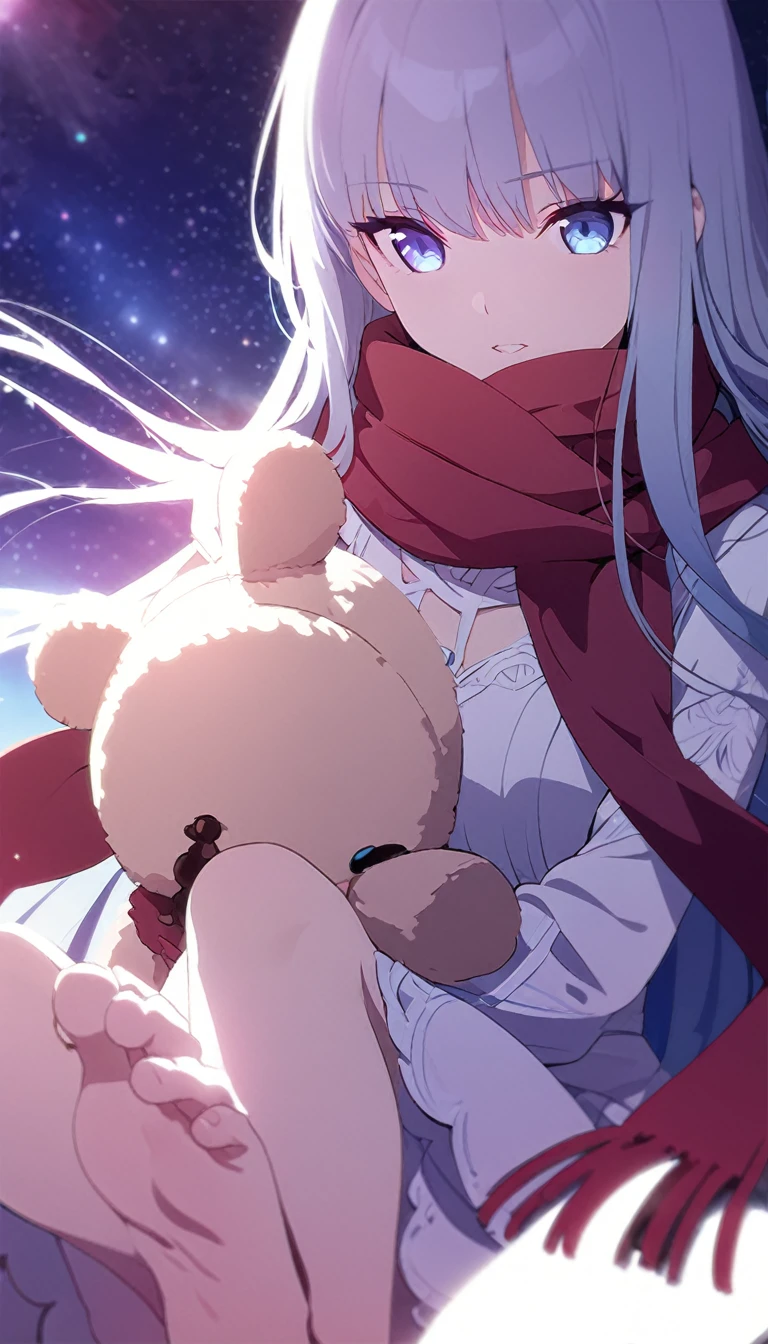 (((masterpiece))), (((best quality))),(((high detail))),light manipulation, girl with long hair, gradient purple to sky blue eyes, wearing a white dress, a red scarf, galaxy background, holding a teddy bear, feet, no footwear, close up