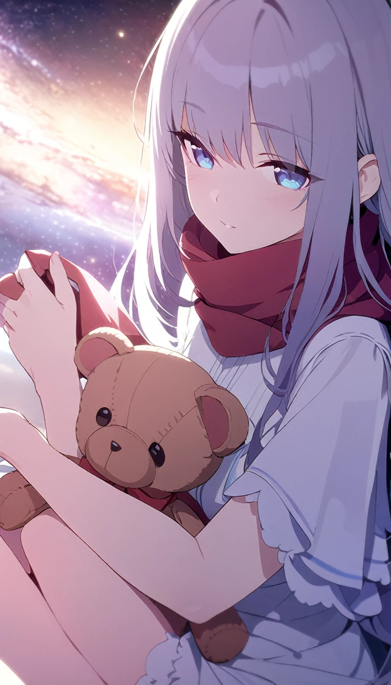 (((masterpiece))), (((best quality))),(((high detail))),light manipulation, girl with long hair, gradient purple to sky blue eyes, wearing a white dress, a red scarf, galaxy background, holding a teddy bear, feet, no footwear, close up