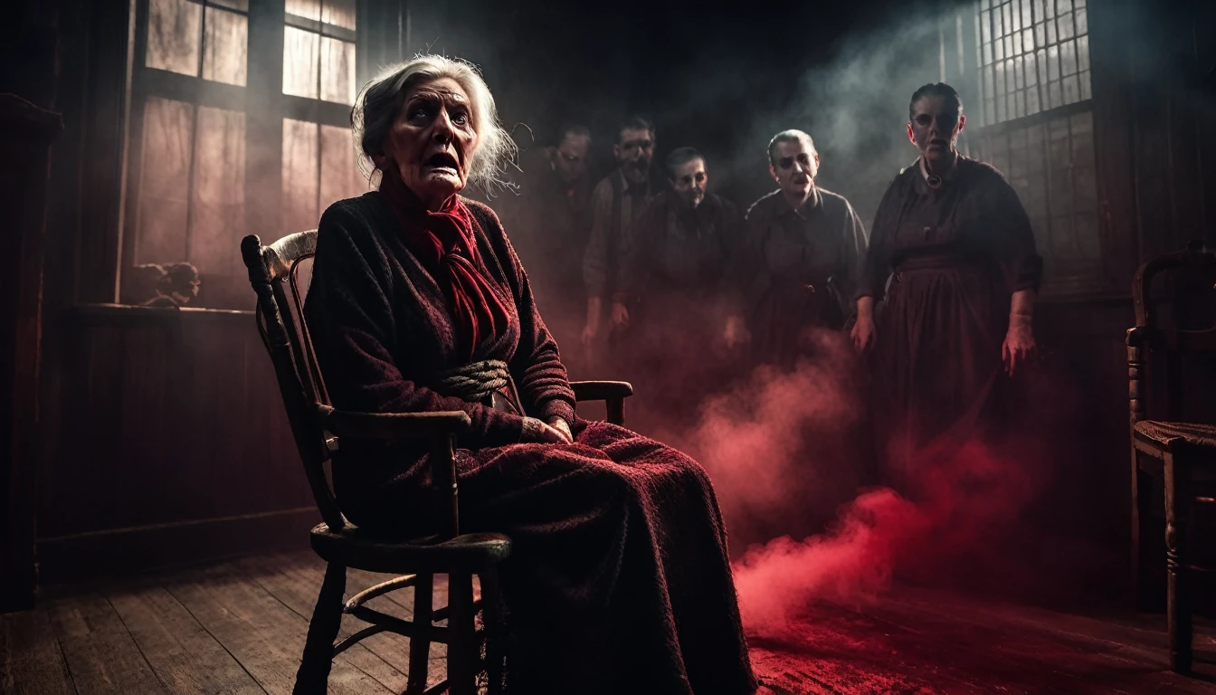 a terrified old woman tied to a chair with rope, mouth gagged, in a dark evil room with red smoke, 3 sinister thieves surrounding her, dramatic lighting, dark gritty atmosphere, chiaroscuro, moody, cinematic, dark fantasy, horror, suspense, masterpiece, photorealistic, hyper detailed, 8k, award winning, dramatic shadows, moody lighting, dramatic angles, tense, unsettling, haunting, eerie, ominous, foreboding