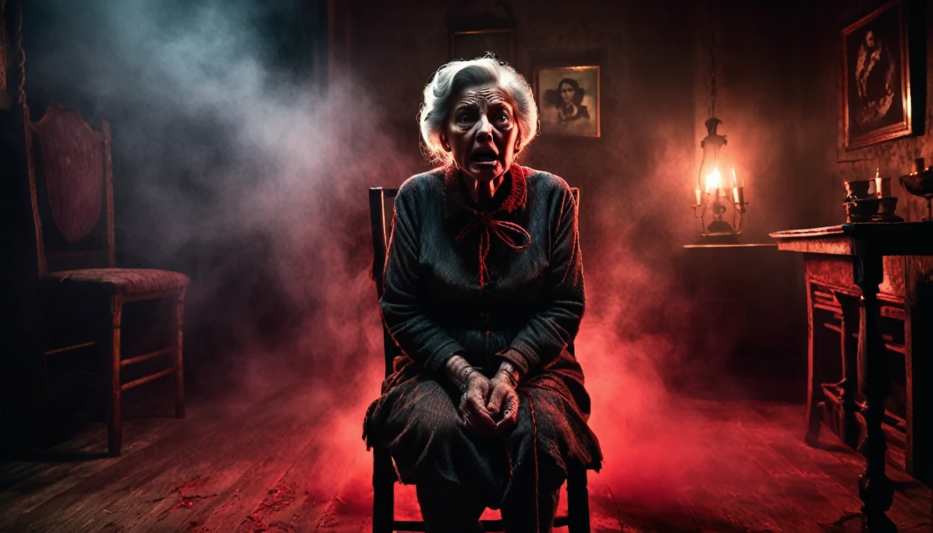 a terrified old woman tied to a chair with rope, mouth gagged, in a dark evil room with red smoke, 3 sinister thieves surrounding her, dramatic lighting, dark gritty atmosphere, chiaroscuro, moody, cinematic, dark fantasy, horror, suspense, masterpiece, photorealistic, hyper detailed, 8k, award winning, dramatic shadows, moody lighting, dramatic angles, tense, unsettling, haunting, eerie, ominous, foreboding