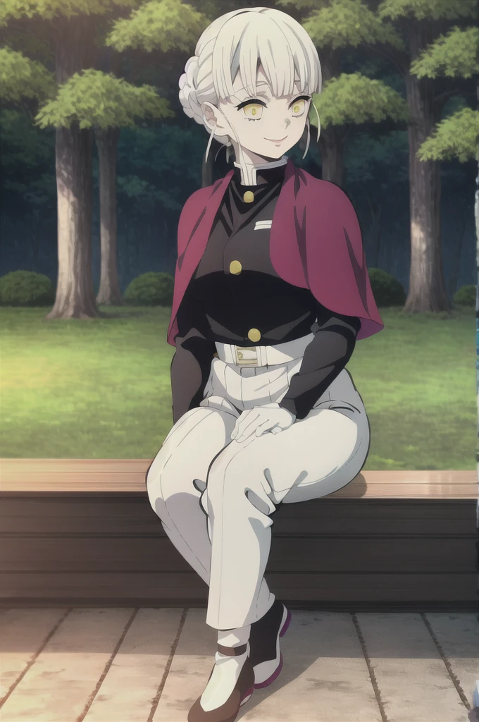 kimetsu no yaiba style, 1girl, white hair in a bun, demon slayer uniform, solo, yellow eyes,holding a katana ,white hair, all black cape, all black haori, outdoors, bangs, tree,, anime coloring,  ((masterpiece)) ,  day background , beautiful girl, cute, solo , smiling face , ((high quality)) , sitting on the ground 