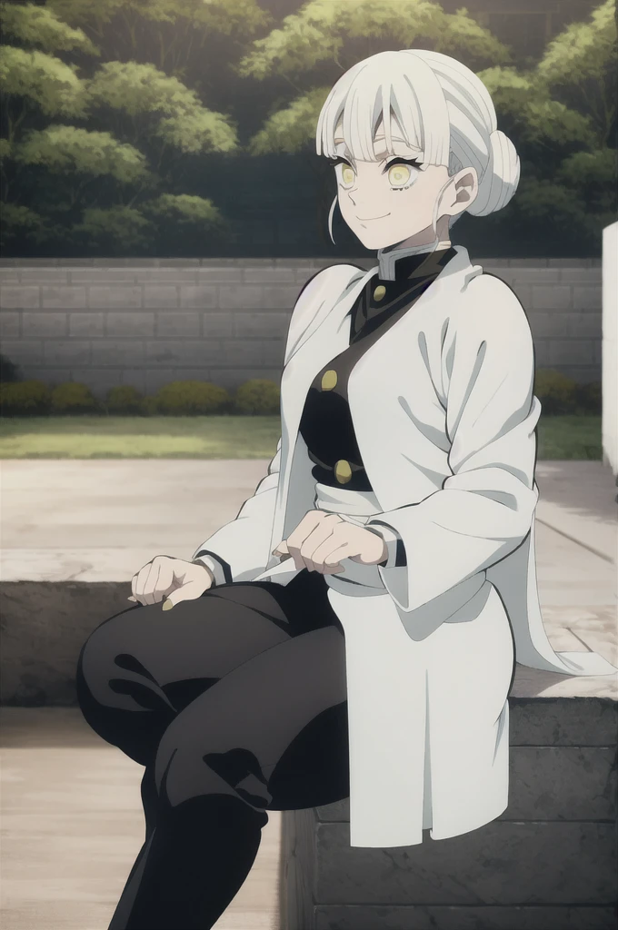 kimetsu no yaiba style, 1girl, white hair in a bun, demon slayer uniform, solo, yellow eyes,holding a katana ,white hair, all black cape, all black haori, outdoors, bangs, tree,, anime coloring, ((masterpiece)) , day background , beautiful girl, cute, solo , smiling face , ((high quality)) , sitting on the ground