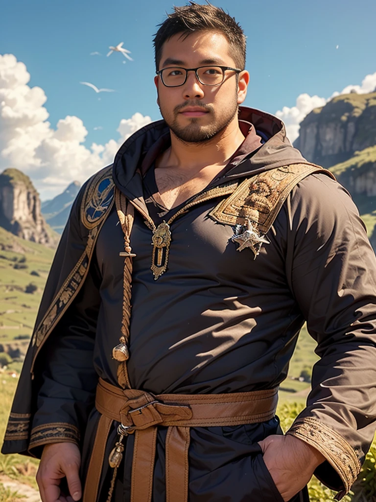 crew cut, (((full body))), (((landscape))), mature man, [slightly fat], asian man, rounded face, brown eyes, ((rounded face)), glasses, balding, 1boy, Solo, (big shoulders), (((stubbles, Short beard))), (((hd, fantasy background, wizard)))