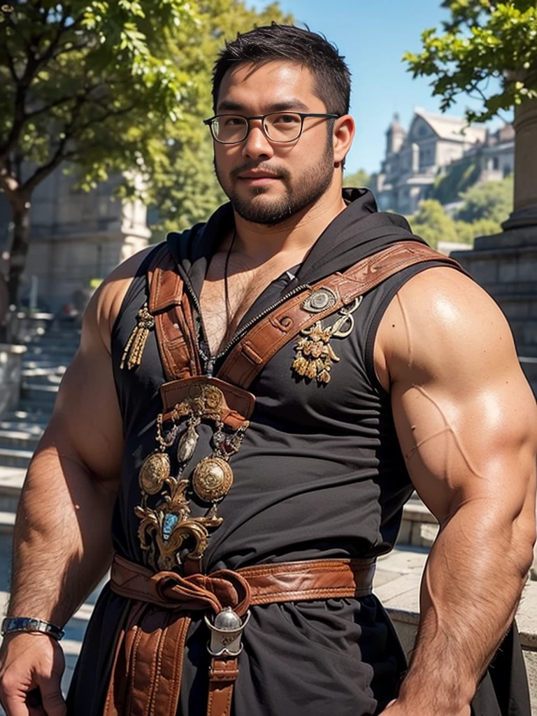 crew cut, (((full body))), (((landscape))), mature man, [slightly fat], asian man, rounded face, brown eyes, ((rounded face)), glasses, balding, 1boy, Solo, (big shoulders), (((stubbles, Short beard))), (((hd, fantasy background, wizard)))