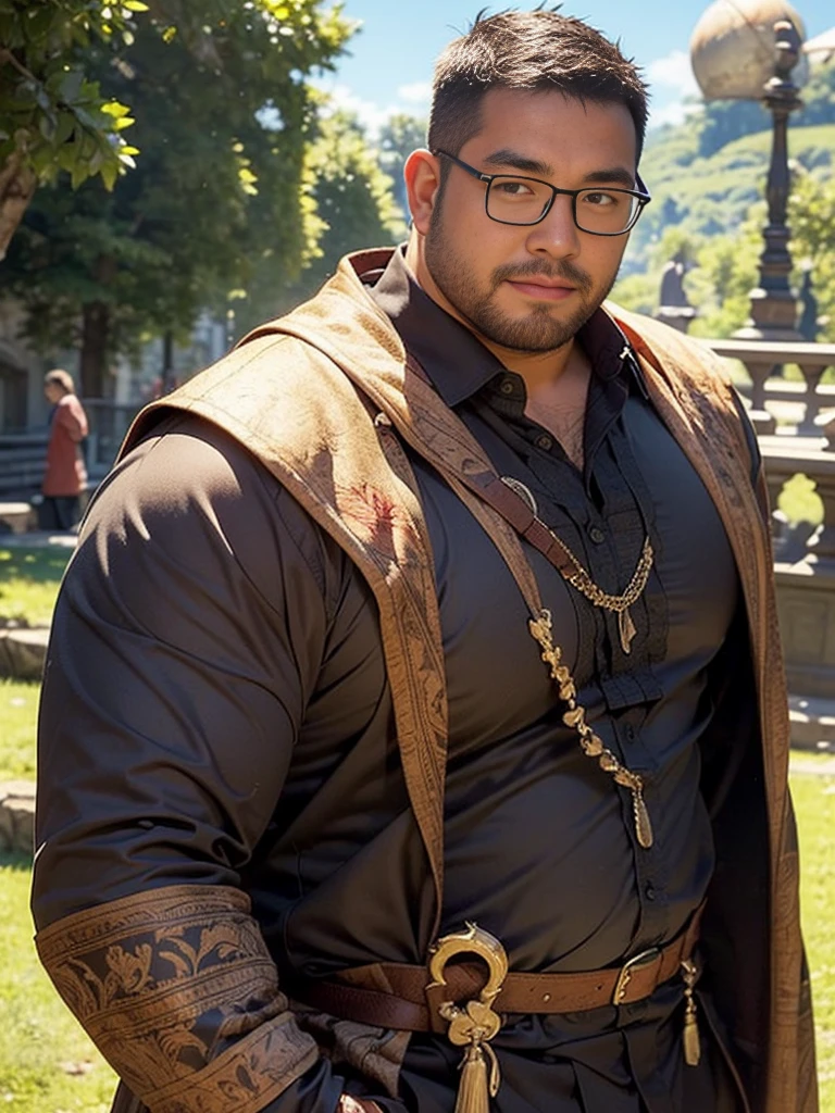 crew cut, (((full body))), (((landscape))), mature man, [slightly fat], asian man, rounded face, brown eyes, ((rounded face)), glasses, balding, 1boy, Solo, (big shoulders), (((stubbles, Short beard))), (((hd, fantasy background, wizard)))