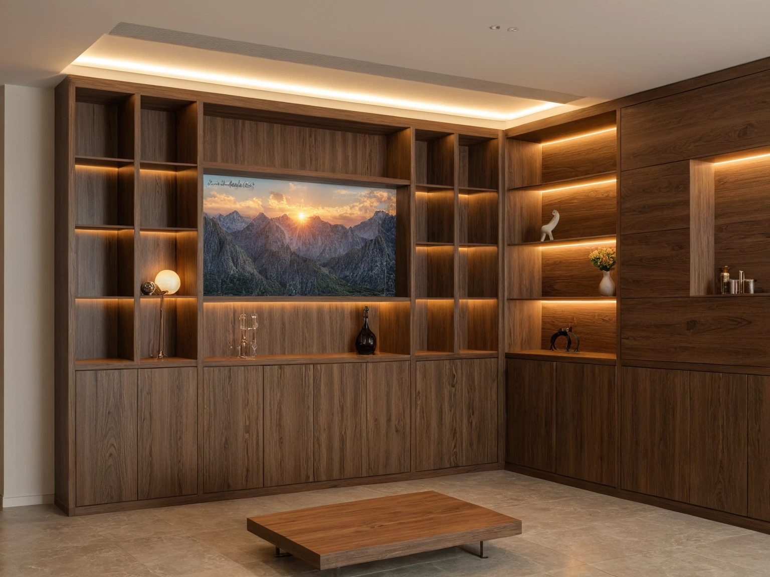 Raw photo,Masterpiece, high quality, best quality, authentic, super detail, interior, indoors, ((living room style modern luxury)), sunset, day light, , downlight, (flower vase), decorative cabinets, wine bottles, ornaments, books,