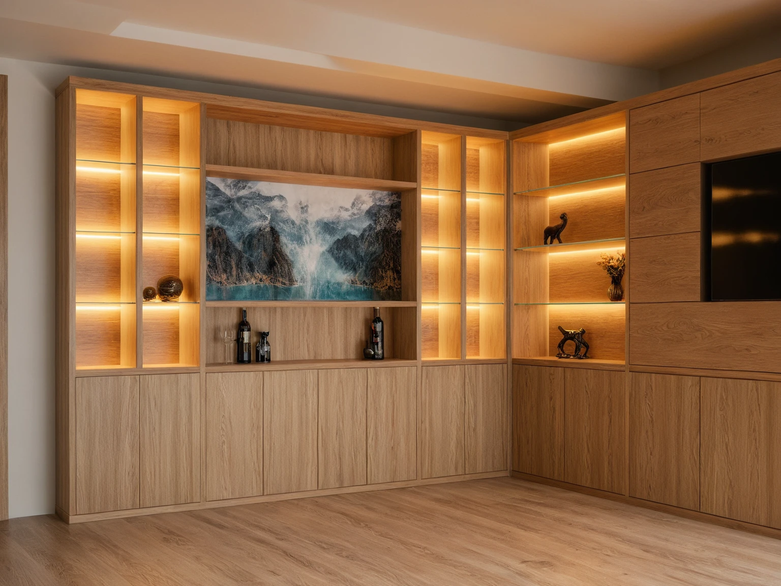 Raw photo,Masterpiece, high quality, best quality, authentic, super detail, interior, indoors, ((living room style modern luxury)), sunset, day light, , downlight, (flower vase), decorative cabinets, wine bottles, ornaments, books,