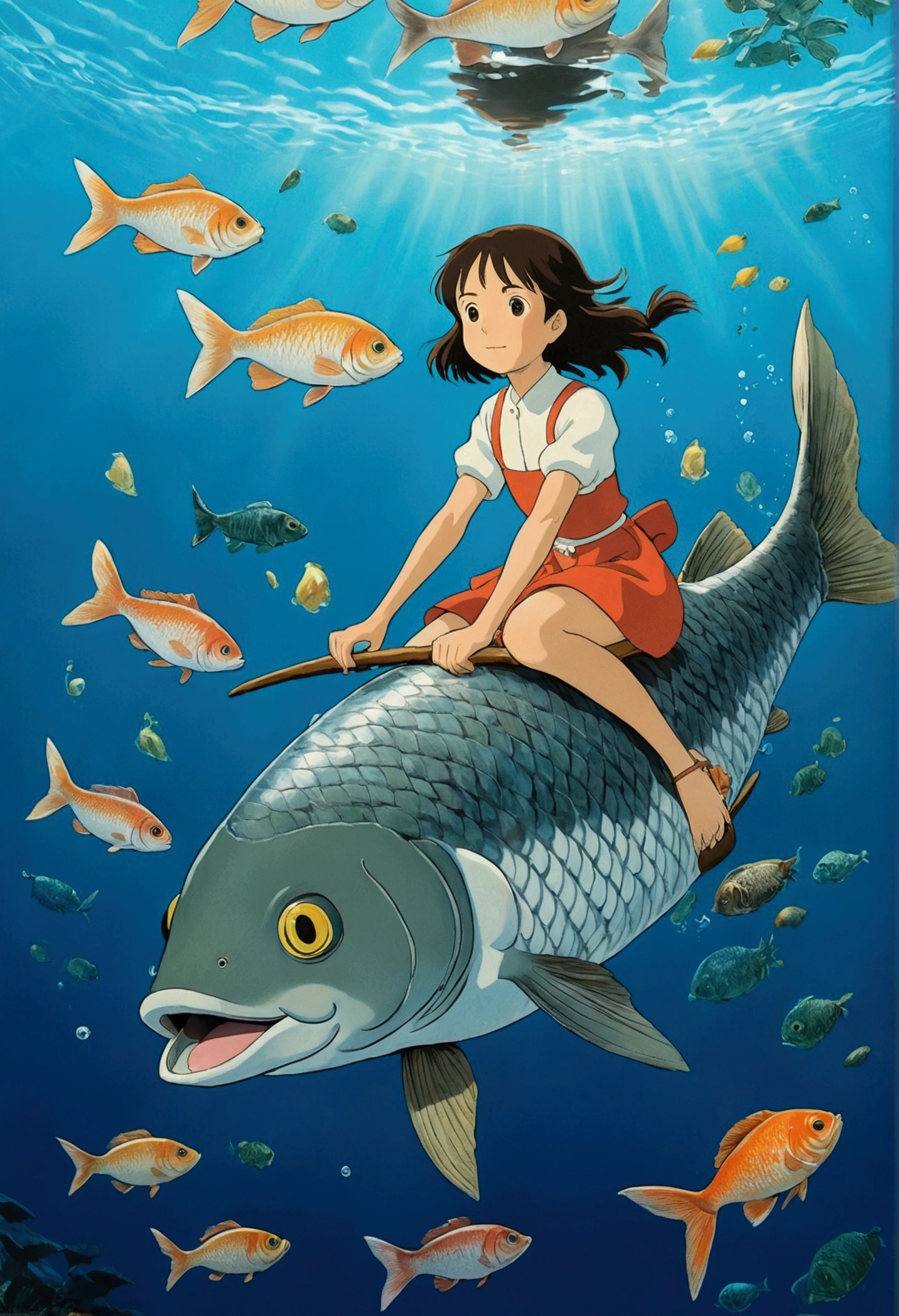 Ghibli In the water Girl riding on a fish surrounded by fish