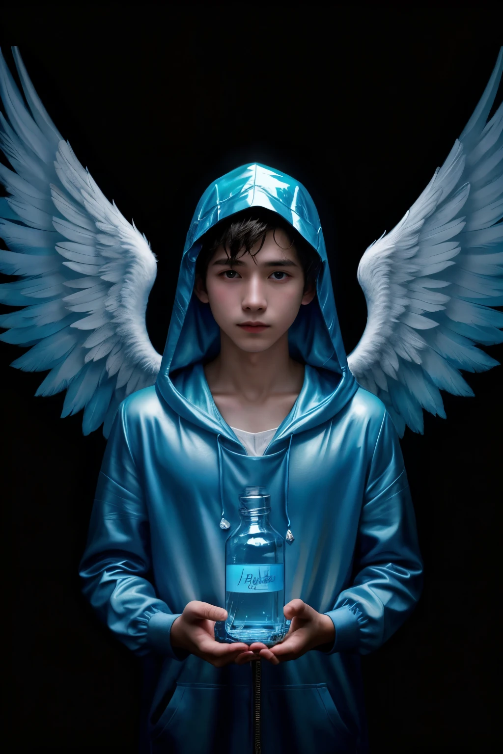 Boy with angel wings, who holds an ampoule with a blue liquid that shines in his hands and behind him there are three hooded figures