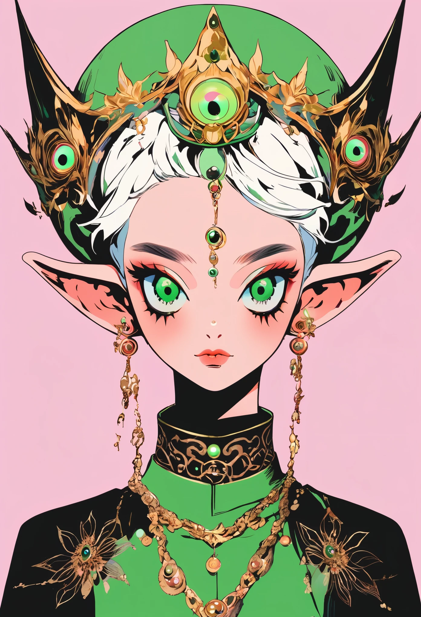 Japanese Anime，Second Dimension，Horror style，horror character，(((third eye on the forehead，Dark eyeshadow，White short hair，Elf ears，Green Skin，Exaggerated golden crown-eyeball decoration))),(((Japanese clothing))).(((Thin waist，Green belt：1.6))).Pure pink background