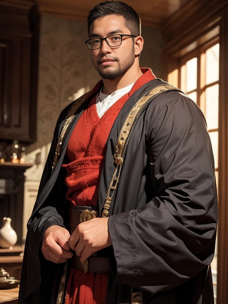 crew cut, (((full body))), (((landscape))), mature man, [slightly fat], asian man, rounded face, brown eyes, ((rounded face)), glasses, balding, 1boy, Solo, (big shoulders), (((stubbles, Short beard))), (Masterpiece: 1.2), (Best Quality), Detailed, UHD, Cinematic Lighting, Sharp Focus, (illustration: 1.1), Intricate,  wearing a wizard's robe and hat, pondering a glowing orb, in a dimly lit room, magician's room, bright lights, flashing lights,