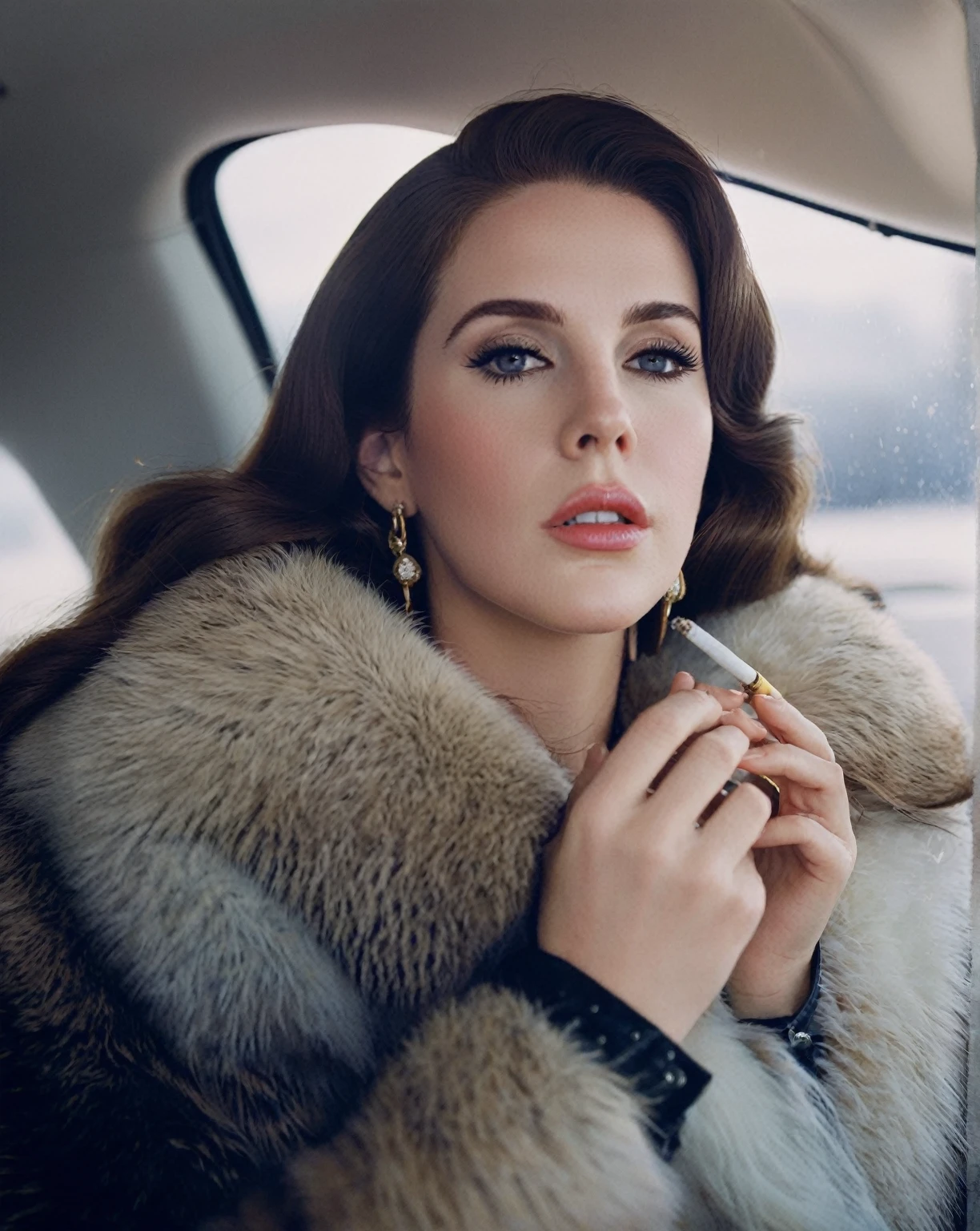 Lana del rey in a fur coat with the window open, with cigarette, King&#39;s wool, holding a cigar, holding a cigar, while Smoking a cigar, Smoking a cigar grande, Smoking a cigarrette🚬, taking a smoke break, Smoking a cigar, Smoking a cigar espeso, a portrait of King&#39;s wool, smoke cigarette, ekaterina