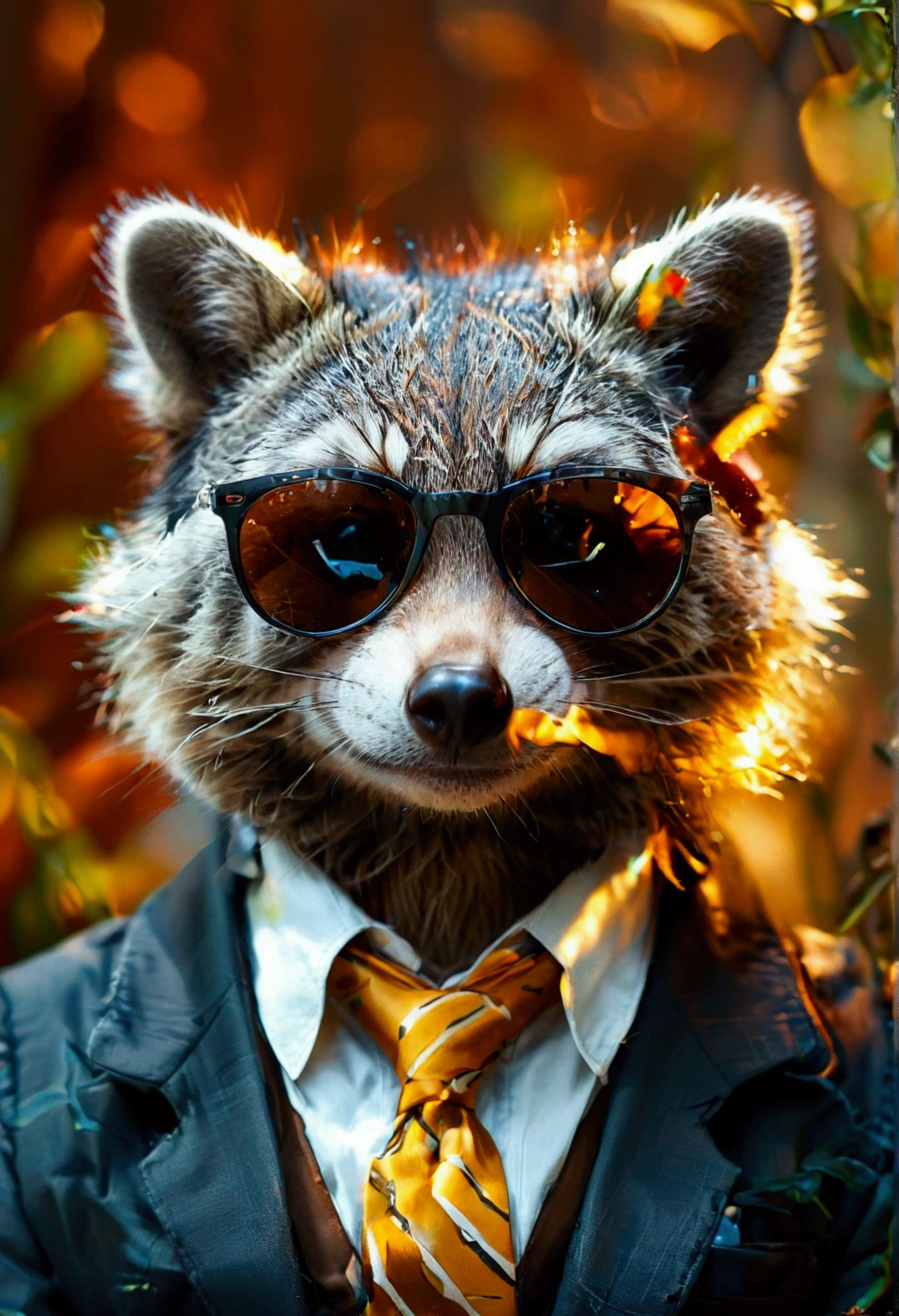a raccoon consultant sunbathing in a garden,detailed raccoon face,raccoon wearing small dark ray-ban sunglasses in matrix style , raccoon wearing loosened tie and open shirt buttons,realistic,photorealistic,photo-realistic:1.37,best quality,8k,highres,masterpiece:1.2,ultra-detailed,vivid colors,studio lighting,sharp focus,physically-based rendering,high detail. professional setting. presenting flipcart, board room. business shirt with yellow brown striped tie.