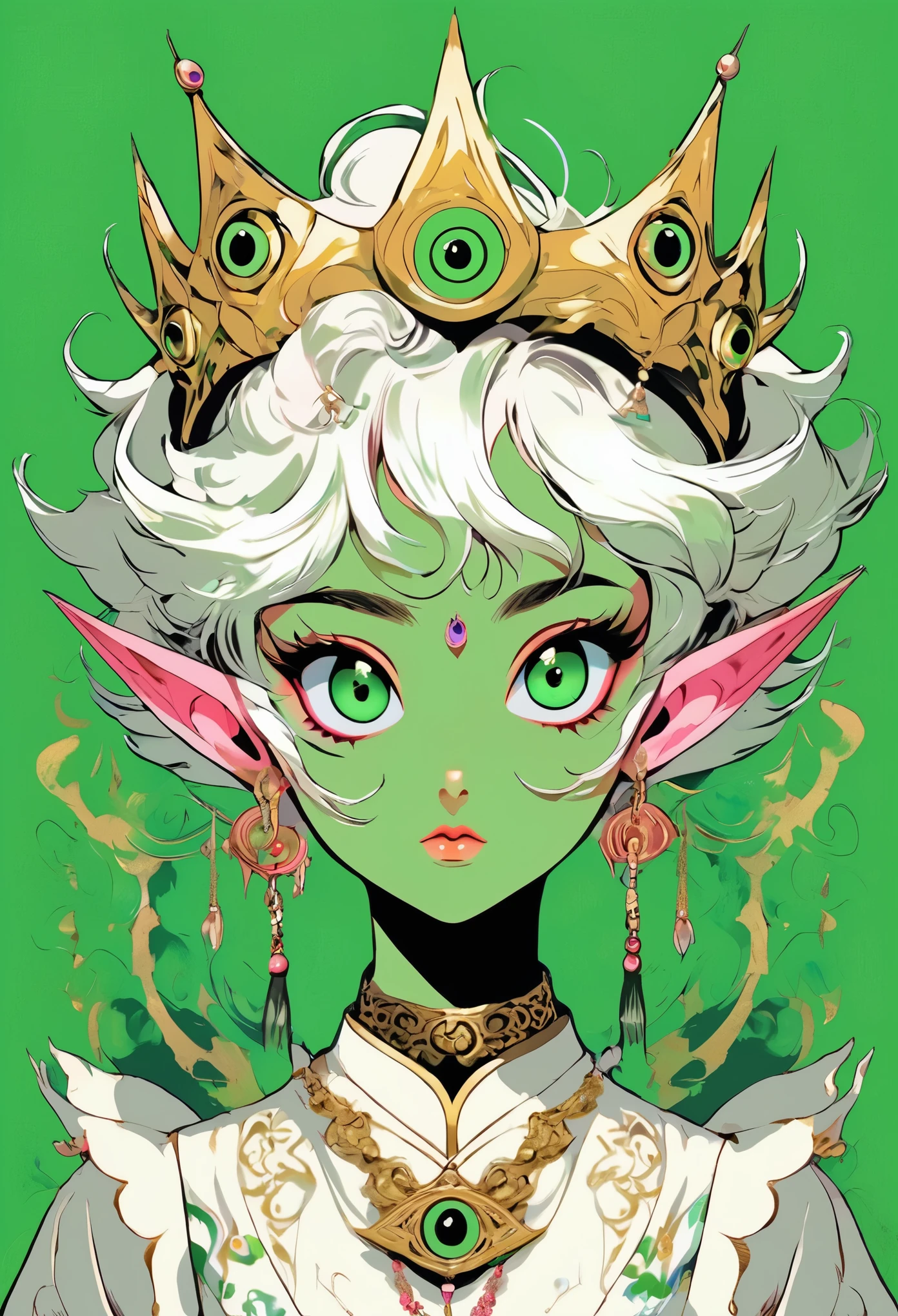 Japanese Anime，Second Dimension，Horror style，horror character，(((third eye on the forehead，Dark eyeshadow，White short hair，Elf ears，Green Skin，Exaggerated golden crown-eyeball decoration))),(((Japanese clothing))).(((Thin waist，Green belt：1.6))).Pure pink background