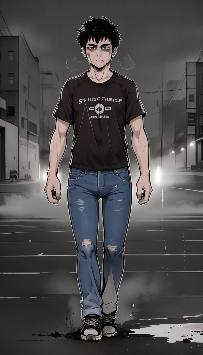 (zPDXL2),  score_9_up, source_anime, 2D, flat color,  BREAK
1man, solo, fullbody, (male, 40 years, stub), short messy black hair, brown eyes, (pale skin, drug addict, tired face), (walking, look to camera, centered pose), (deep dark fog, deep mist, mystery atmosphere), (dirt t-shirt, jeans, sport jacket), heavy atmosphere, glowing colored background, lineart, (monochrome:0.85), (color inversion), BREAK
AissistXLv2, unaestheticXL_bp5, SimplePositiveXLv2, zPDXL2 PonyXLV6_Scores