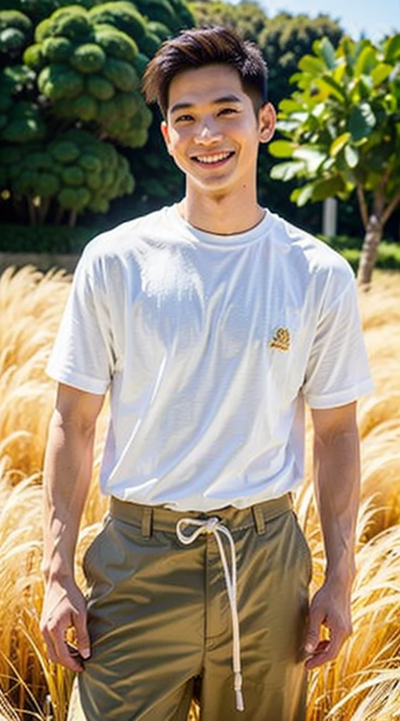 Best Quality, Ultra High Resolution, (Realistic:1.4), Masterpiece, Blurred Background ,Muscle, Solo, 1 Boy, Young , Standing, White Skin, Shirt, Posing, Facial Focus, Smile, Shut Up, (in Golden Rice Paddie)