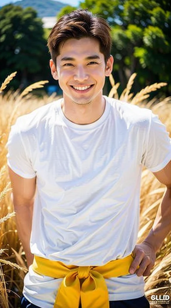Best Quality, Ultra High Resolution, (Realistic:1.4), Masterpiece, Blurred Background ,Muscle, Solo, 1 Boy, Young , Standing, White Skin, Shirt, Posing, Facial Focus, Smile, Shut Up, (in Golden Rice Paddie)