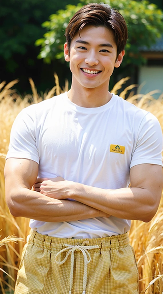 Best Quality, Ultra High Resolution, (Realistic:1.4), Masterpiece, Blurred Background ,Muscle, Solo, 1 Boy, Young , Standing, White Skin, Shirt, Posing, Facial Focus, Smile, Shut Up, (in Golden Rice Paddie)