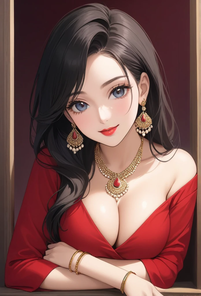 She possesses a flawless face structure, with delicate, symmetrical features that seem to have been sculpted with utmost precision. High cheekbones lend a graceful contour to her face, complemented by a slender nose that leads down to lips that are both full and elegantly shaped. Her eyes, framed by long lashes, hold a depth that speaks of wisdom and kindness, their color a captivating hue that draws you in. Overall, her beauty is not just in the perfection of her features but in the effortless harmony they create, making her presence truly captivating, ??????? and wearing Indian kurti with big and heavy jhumka earrings and lot of jewelry ,red lipstick seductively exposing her deep cleavage with smiling in ???? expression and leaning down side seductively necklace bracelet jewelry bangles