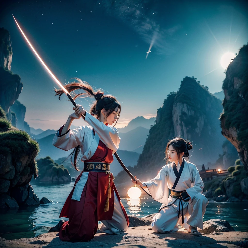 The creation of the Chinese Classic of Mountains and Seas style is like the puppet show characters in TV movies. Hollywood fight scenes. The six main characters of the Hanfu martial arts drama appear. The super genius with a glowing body. The two characters duel and meditate in the stunning martial arts scenery., This sword fighting art is flying around and needs a lighting scene like a fantasy fairy duel.