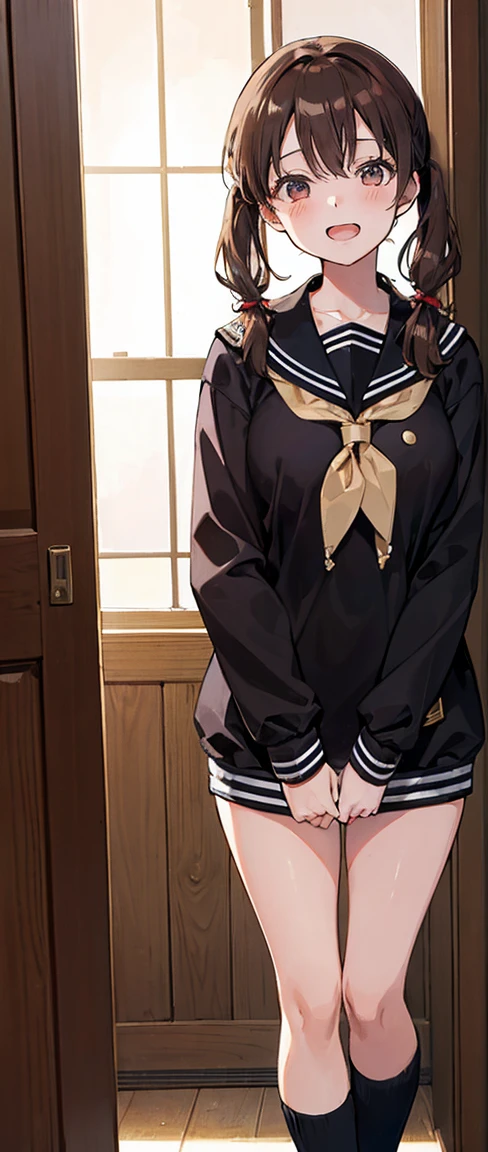 High resolution, High resolution,2D Anime Style,,Cool woman,Mature,,Beautiful thighs,20th Generation,Brown Hair,Twin tails, Brown eyes,Sailor suit.,He is laughing a little,whole body,Inside the house,