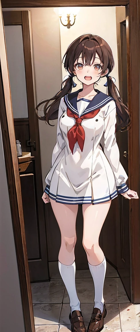 High resolution, High resolution,2D Anime Style,,Cool woman,Mature,,Beautiful thighs,20th Generation,Brown Hair,Twin tails, Brown eyes,Sailor suit.,He is laughing a little,whole body,Inside the house,