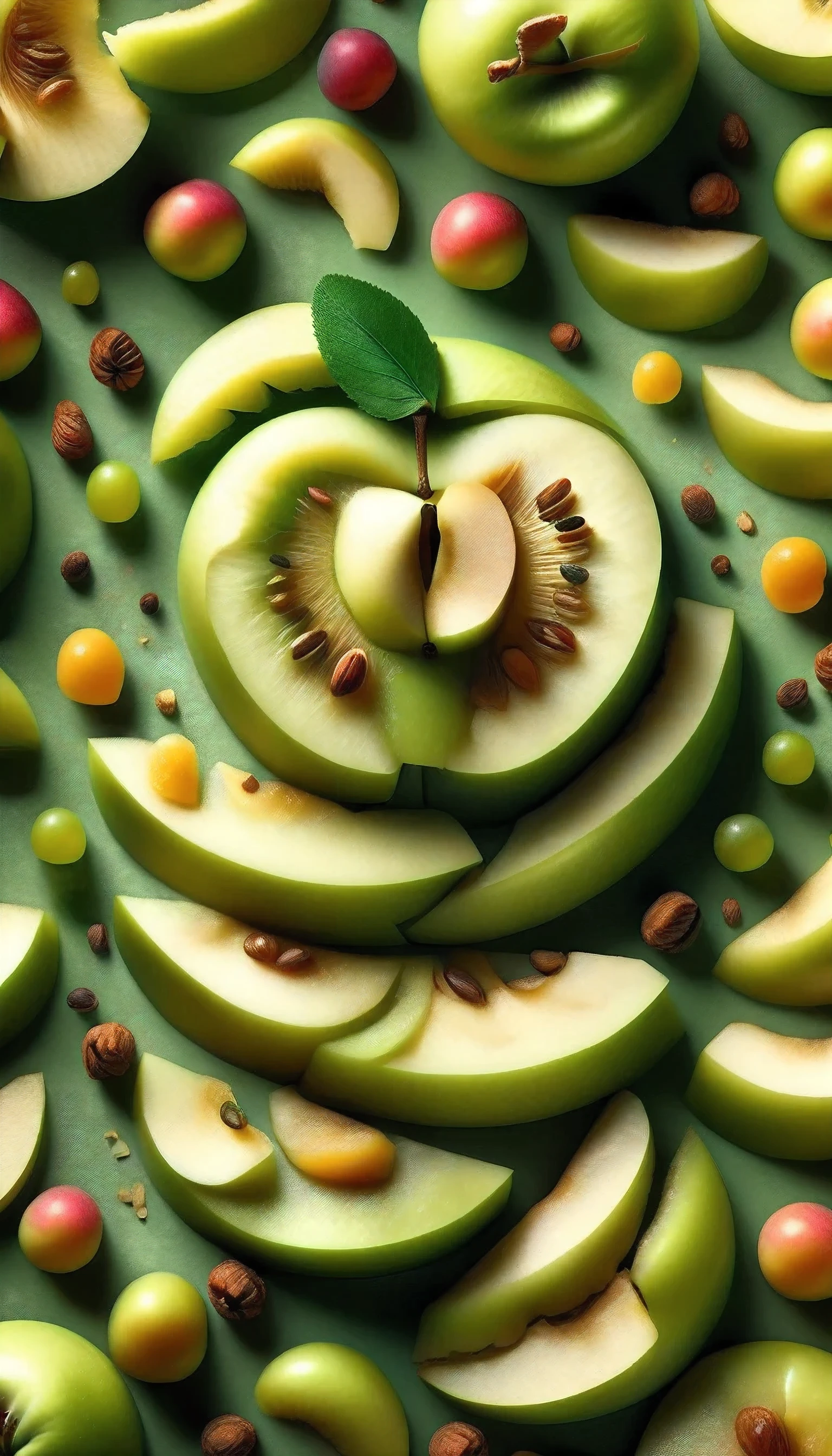 a close-up of a sliced green apple,juicy interior,crisp,seeds,soft shadow,photorealistic,4k,ultra-detailed,natural lighting,fresh,vibrant colors,macro photography,food photography,still life