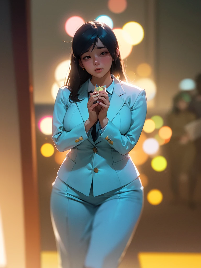 (Sumilux f1.4 50mm , low Latitude old color negative film , cross process , bokeh, flare, chromatic aberration , soft focus, (Shallow focus) , soft glow , Maximum aperture, High Key , Transparent depiction) , Satyr woman, butter face, voluptuous body, business suit that accentuates the body line, seductive