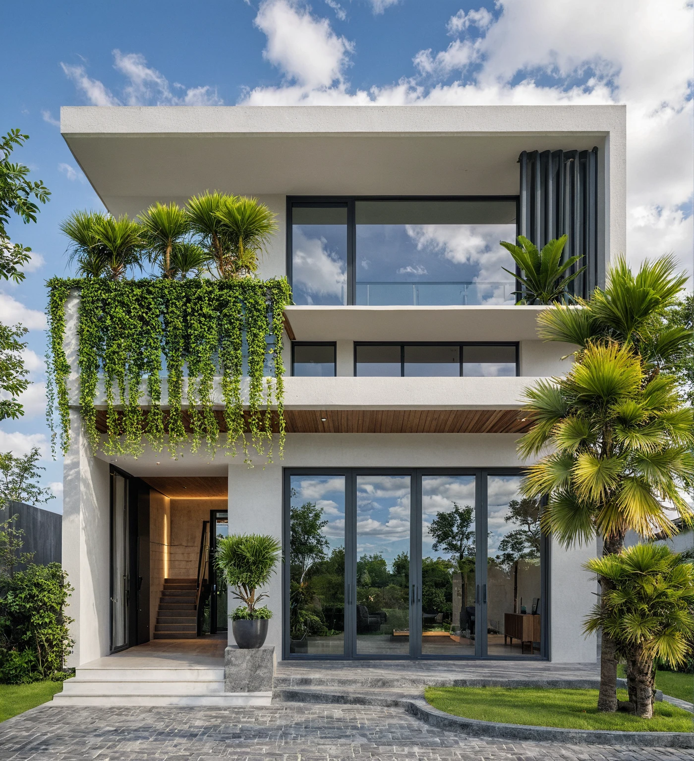 Masterpiece, high quality, best quality, authentic, super detail, outdoors, onestoreyvillaXL, aiaigroup, house style modern on the street ,stairs, white wall ,road,pavement, grass, trees, sky, cloud, (daylight:1.1)