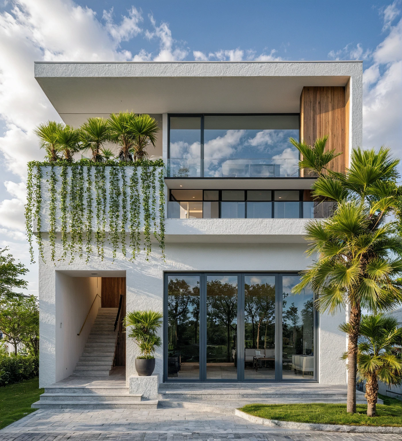 Masterpiece, high quality, best quality, authentic, super detail, outdoors, onestoreyvillaXL, aiaigroup, house style modern on the street ,stairs, white wall ,road,pavement, grass, trees, sky, cloud, (daylight:1.1)
