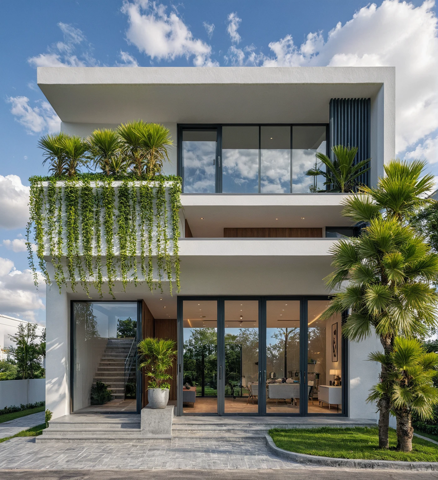 Masterpiece, high quality, best quality, authentic, super detail, outdoors, onestoreyvillaXL, aiaigroup, house style modern on the street ,stairs, white wall ,road,pavement, grass, trees, sky, cloud, (daylight:1.1)