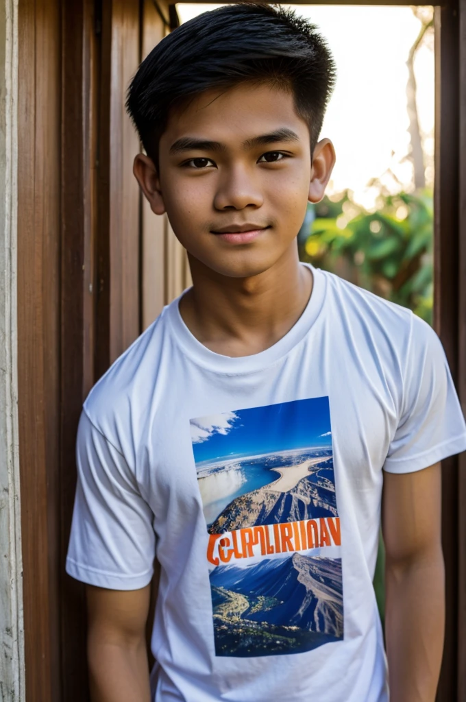 Filipino  male yeaking picture wearing t-shirt 
