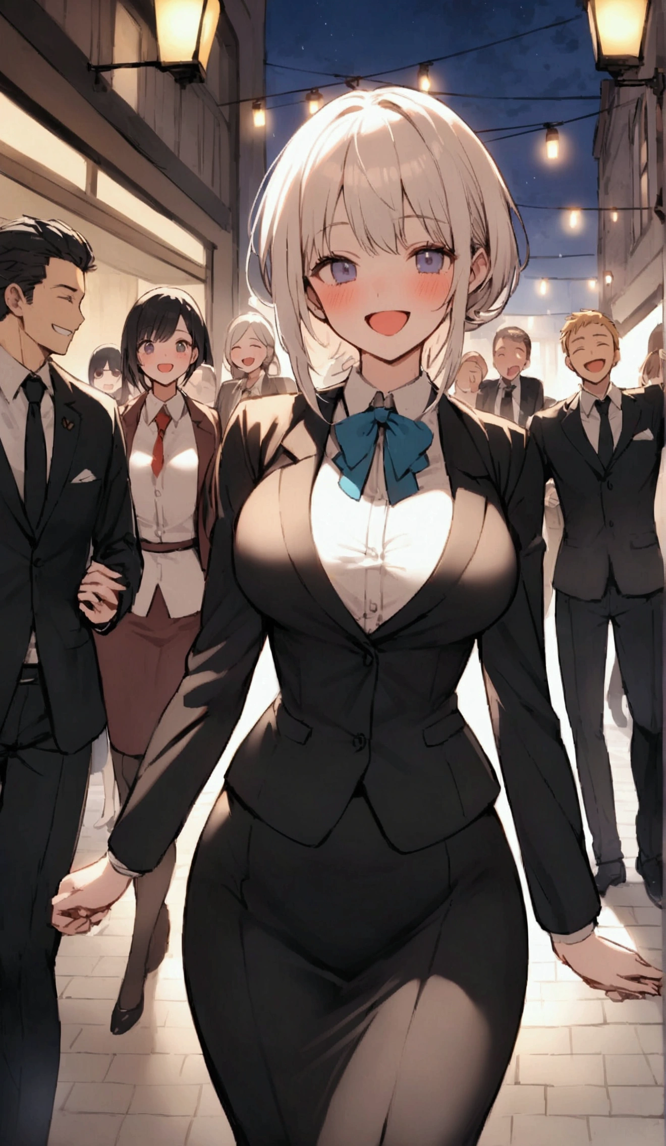Two people、One Woman、One Man、beautiful girl、Beautiful Youth、Salaryman、OL、The man is in a suit、The woman is in an office lady suit、The woman is wearing a tight skirt、Men and women are holding hands、Downtown at night、Two peopleは腕を組んで歩く、Staggered foot、Being drunk、I'm fluttering、smile、The woman's clothes are open.、Large crowd